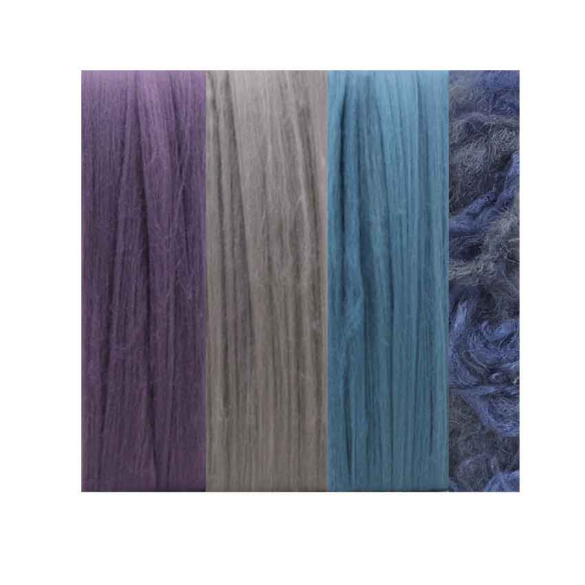 sixty grams divine merino wool top for felting in dawn  which is blue and pinks