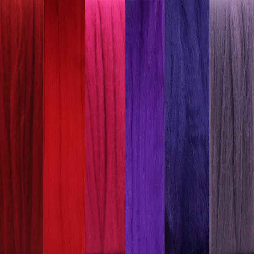 one hundred grams divine merino wool top for felting in reds to purples