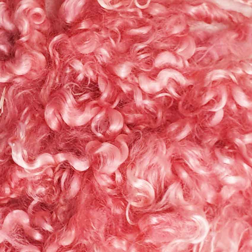 Close up of old rose mohair curls showing shades of old fashioned very pale red/pink